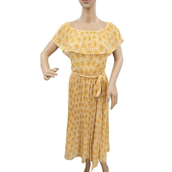 Michael Michael Kors Yellow Floral Pleated Midi Dress XL Boho Belted Summer - Picture 10 of 12